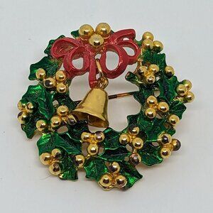 Vintage Christmas Wreath Brooch Pin Bell Red Bow Gold-Tone Enamel Holiday